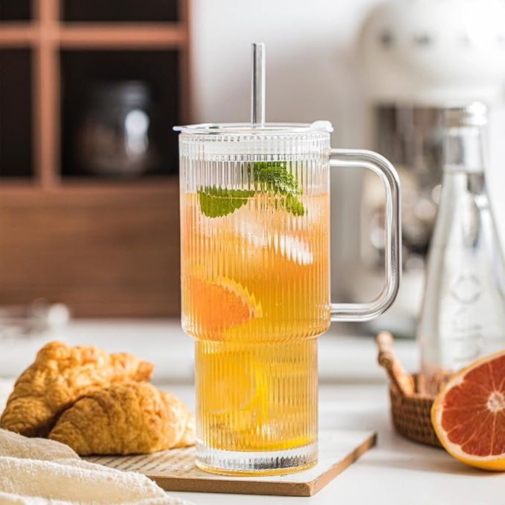 Ribbed Glass Tumbler Set with Handle & Straw(540ml)