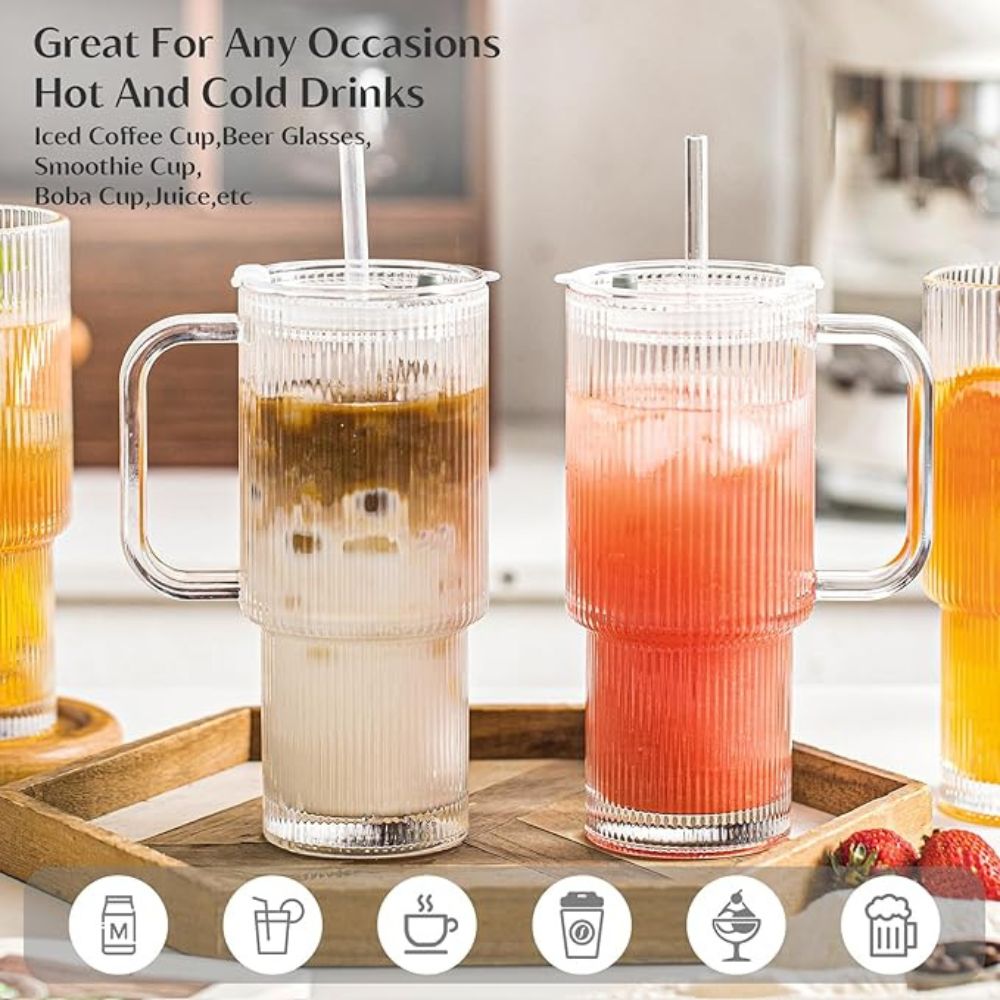 Ribbed Glass Tumbler Set with Handle & Straw(540ml)