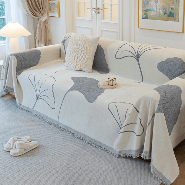 Ginkgo Leaf Print Grey Elegance Chenille Sofa Cover