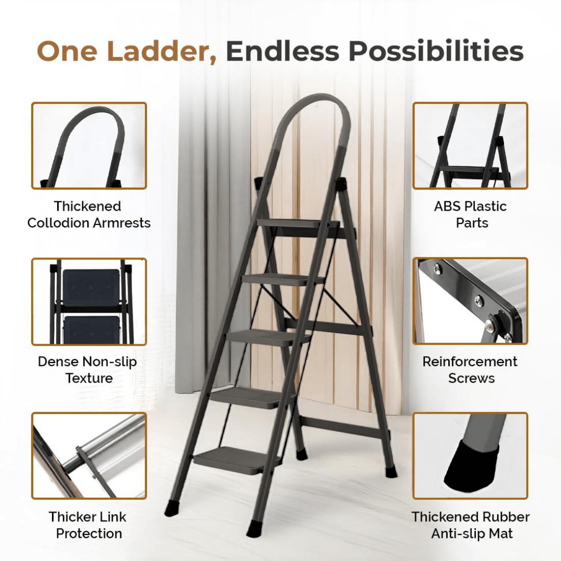 Heavy Duty Five-Step Foldable Stainless Steel Ladder