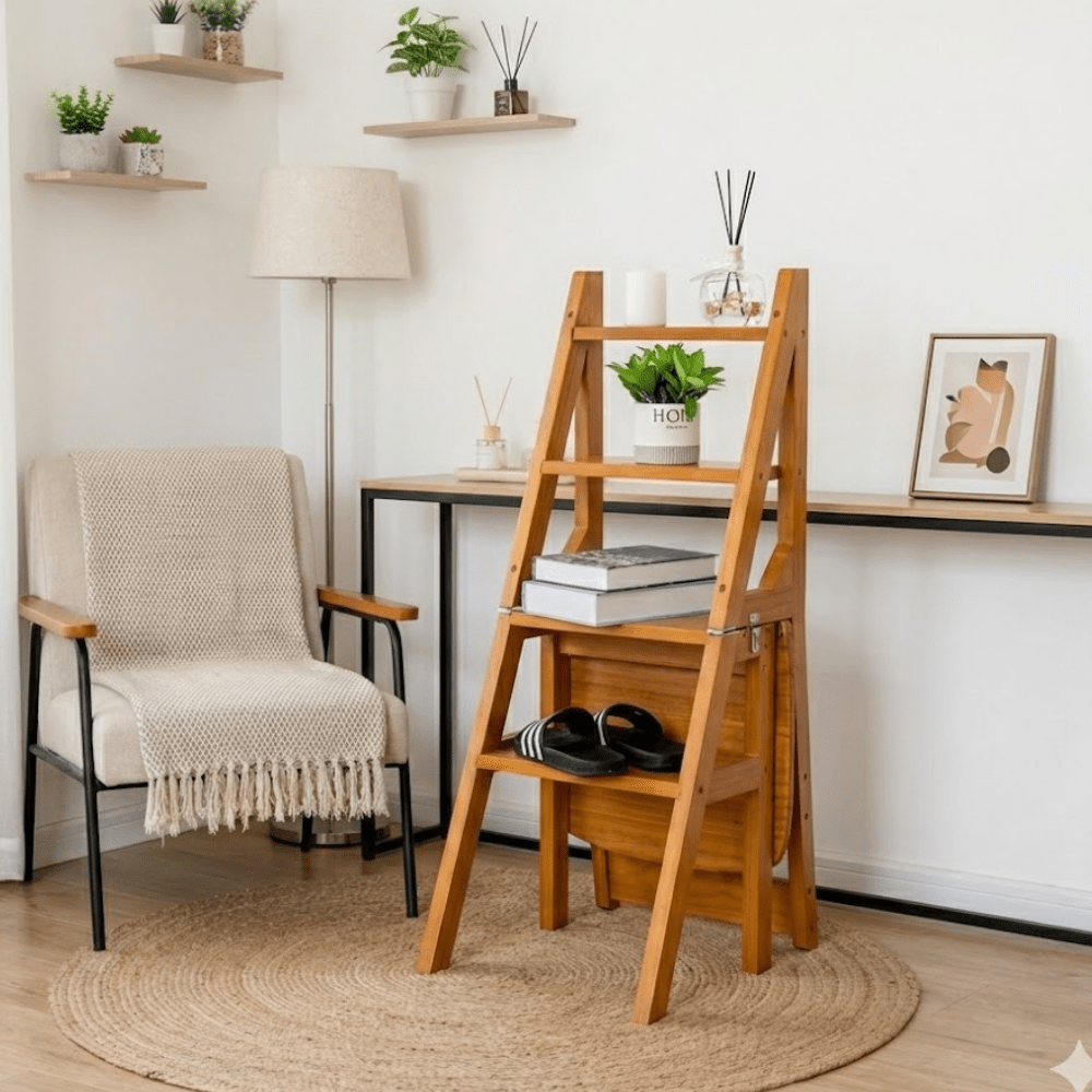 Multipurpose Wooden Folding Step Stool Ladder 3-in-1 Space-Saver (90 cm)