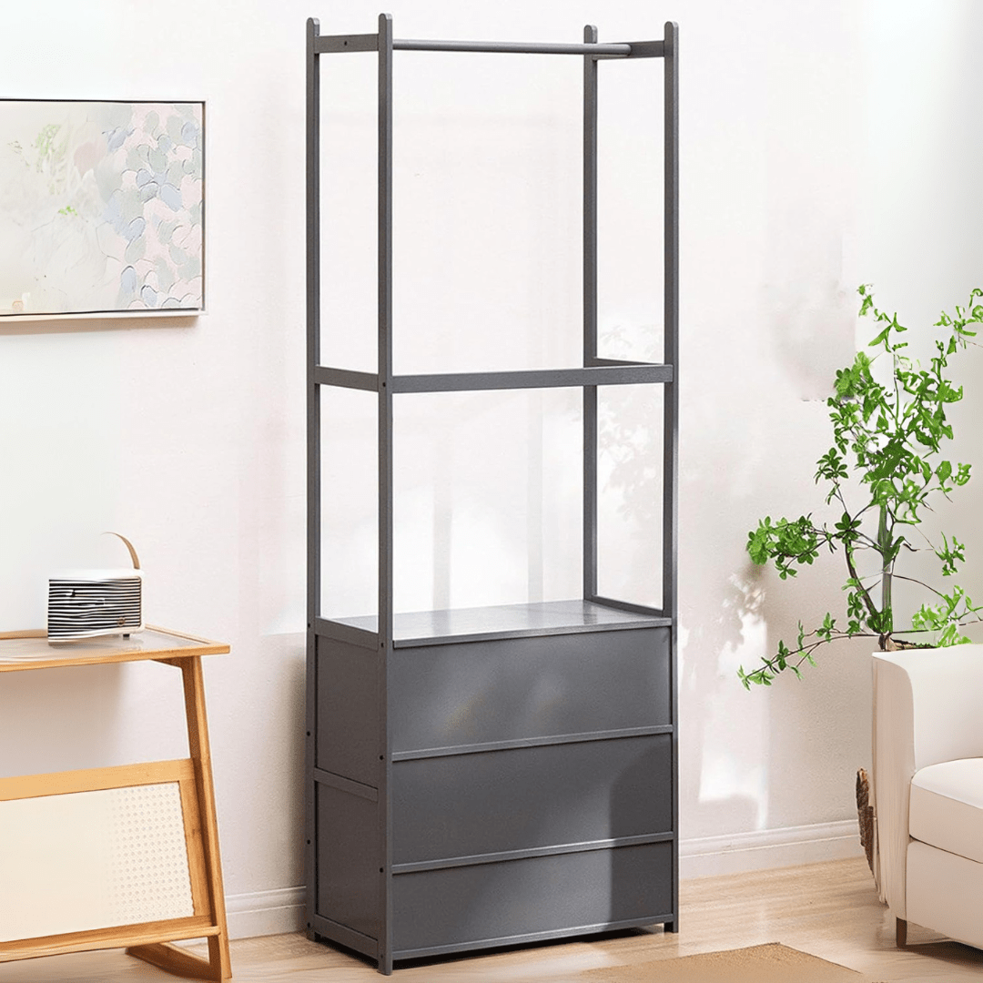 Multi-Purpose Bamboo Wood Clothing Rack Organizer with Shoe Rack (Black-62cm)