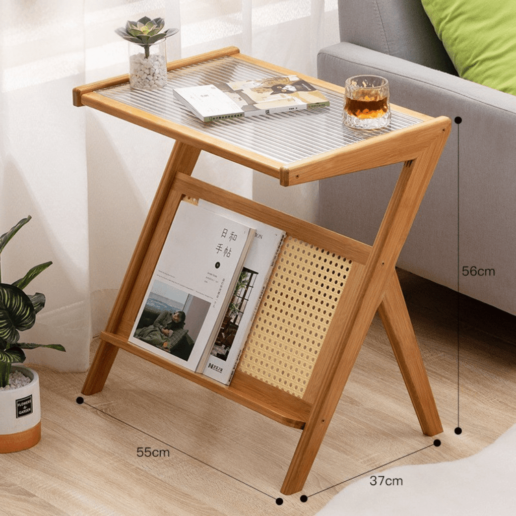 Modern Bamboo Side Table with Glass & Storage Shelf (Natural Wood-55cm)