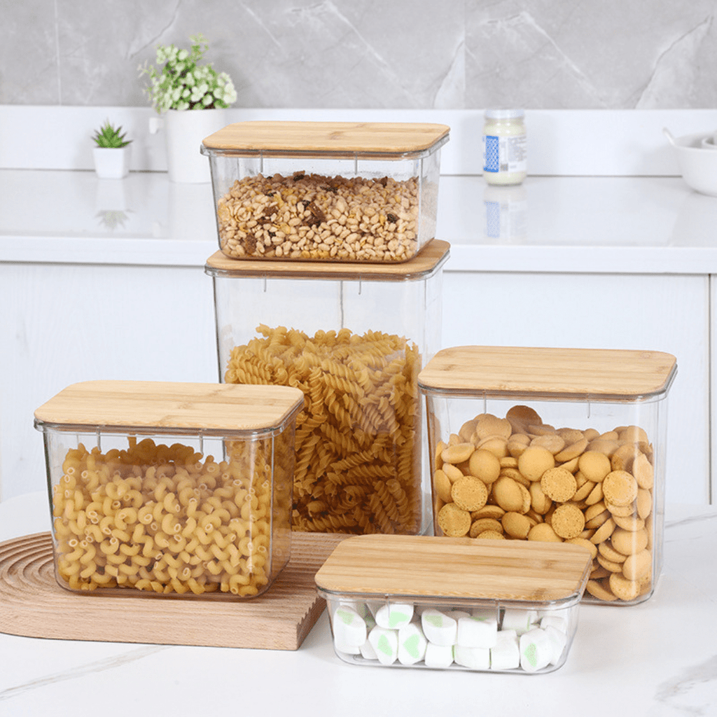 Multi-Purpose Transparent Food Storage Containers with Wooden Lid