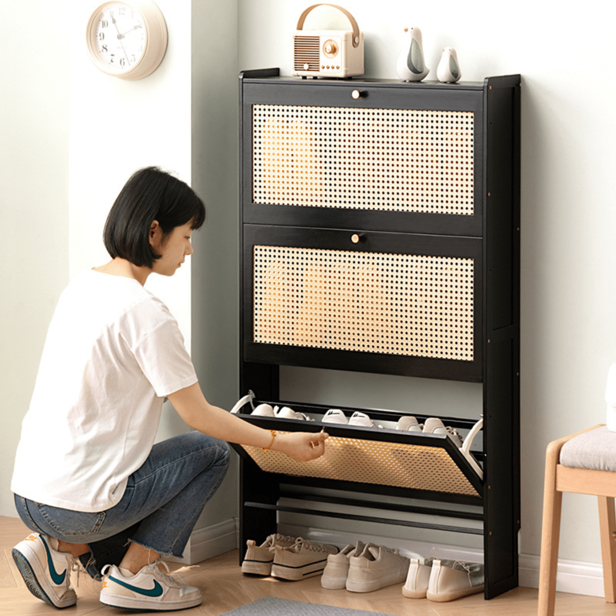 Multi-Layer Bamboo Wooden Shoe Organizer with Dustproof Doors (70cm)