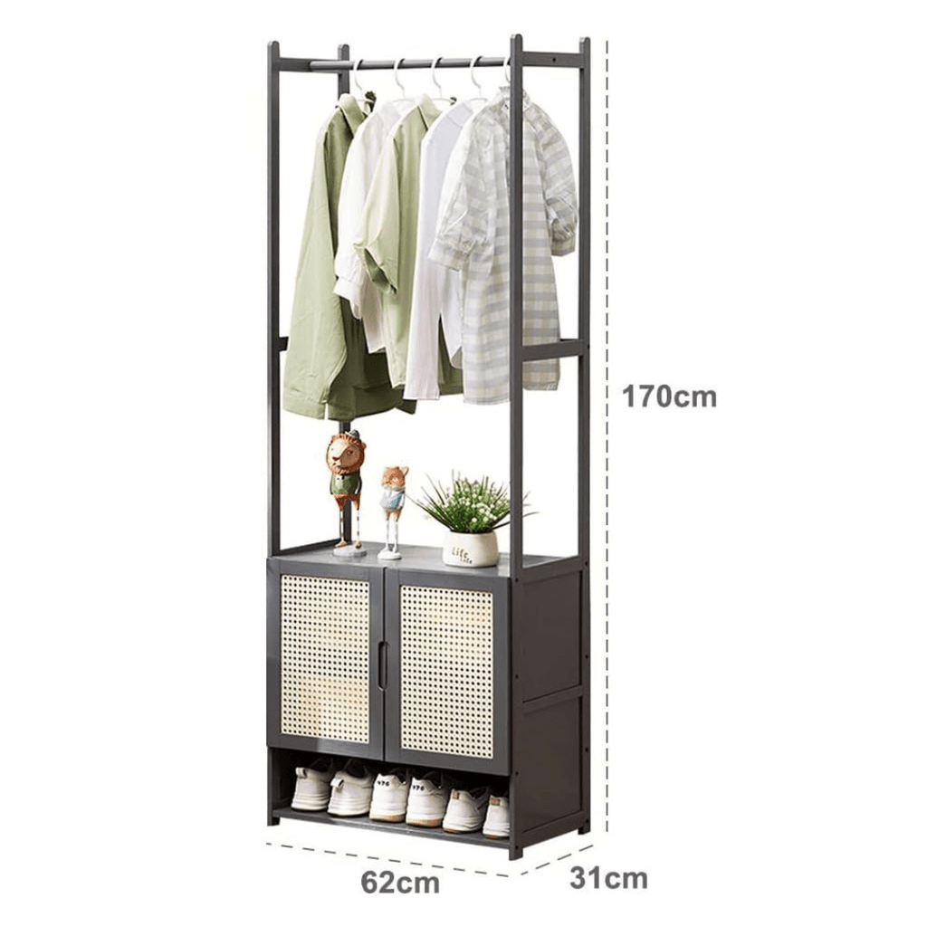 Multi-Purpose Bamboo Wood Clothing Rack Organizer with Shoe Rack (Black-62cm)