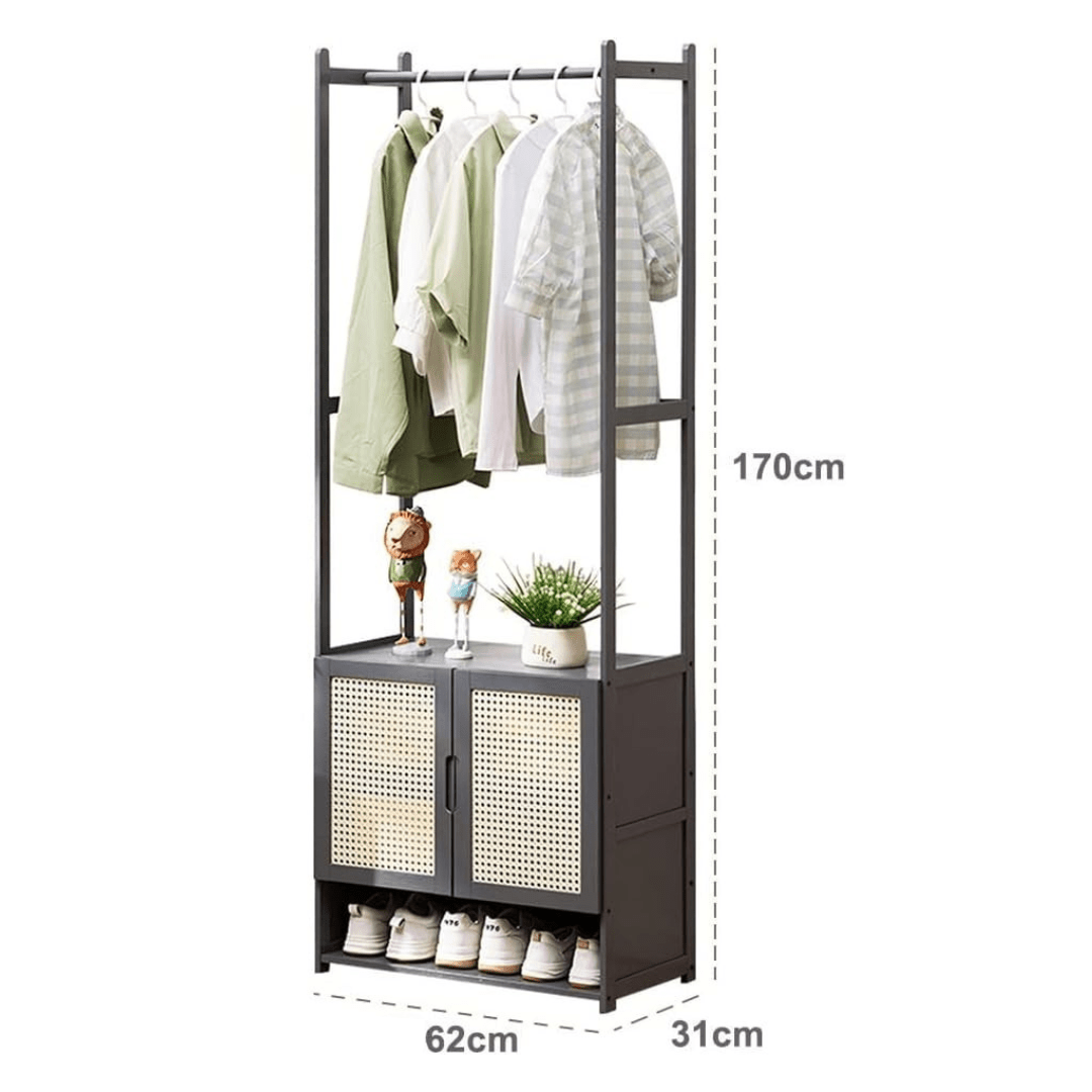 Multi-Purpose Bamboo Wood Clothing Rack Organizer with Shoe Rack (Black-62cm)