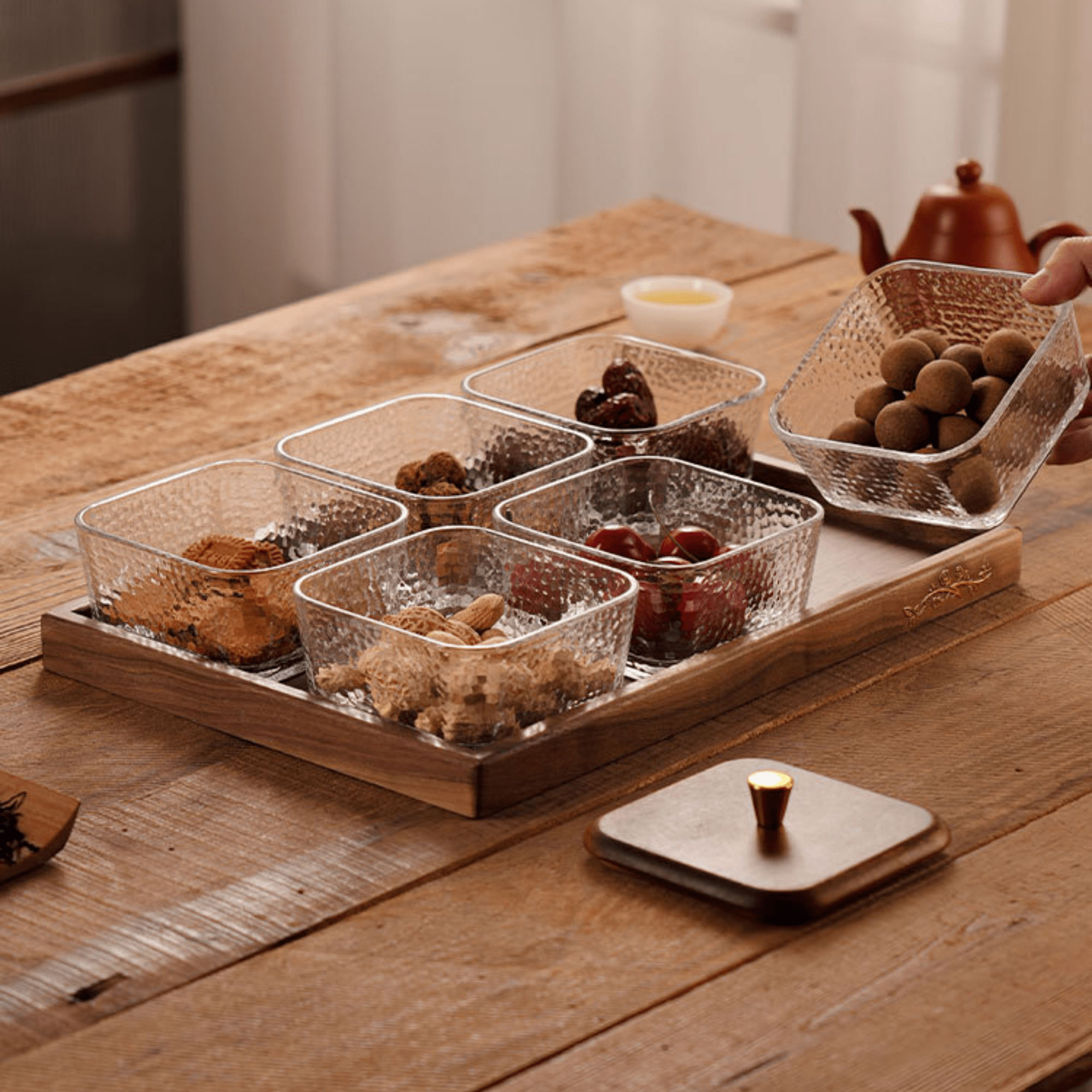 Multi-Compartment High-Borosilicate Glass Fruit and Nut Serving Tray Set