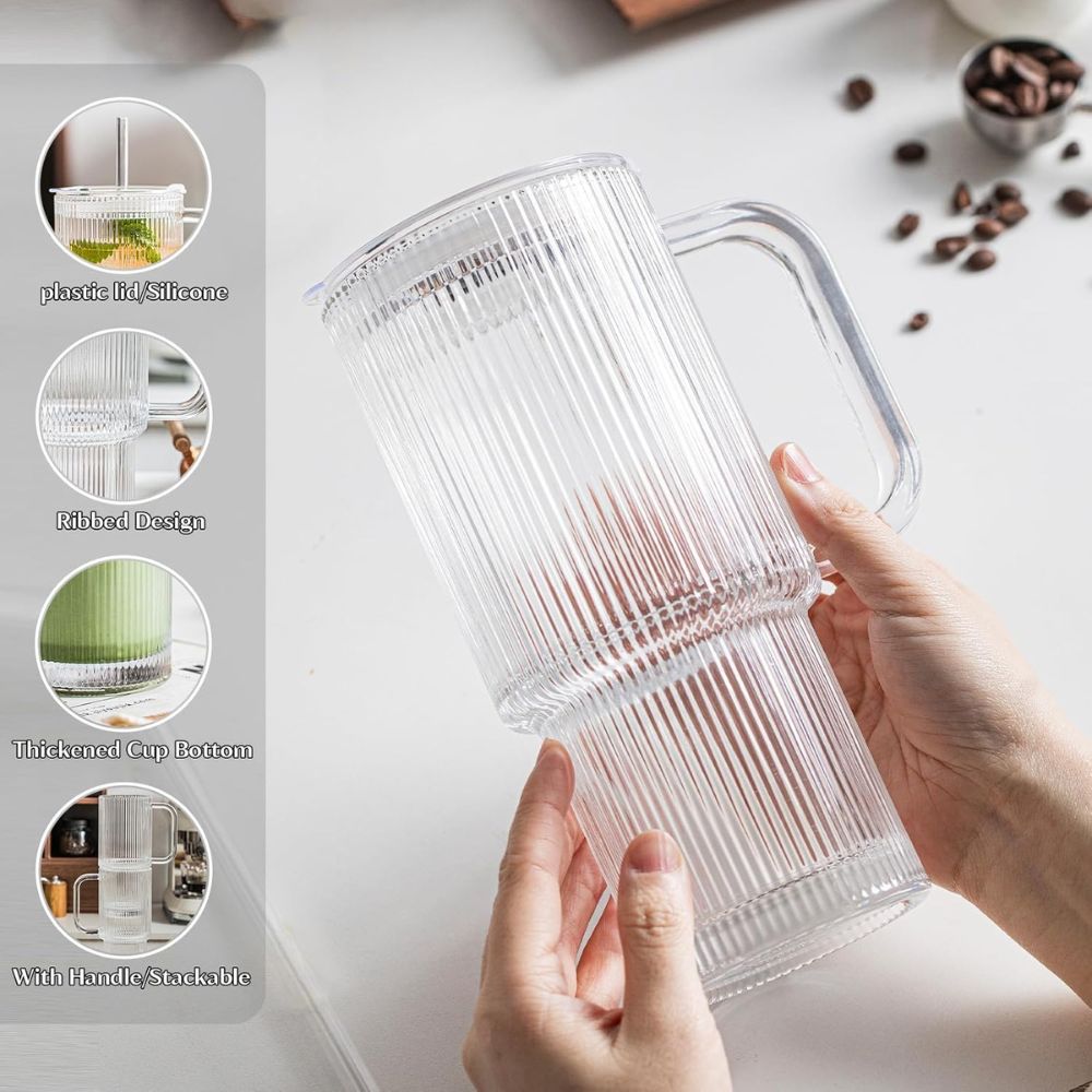 Ribbed Glass Tumbler Set with Handle & Straw(540ml)
