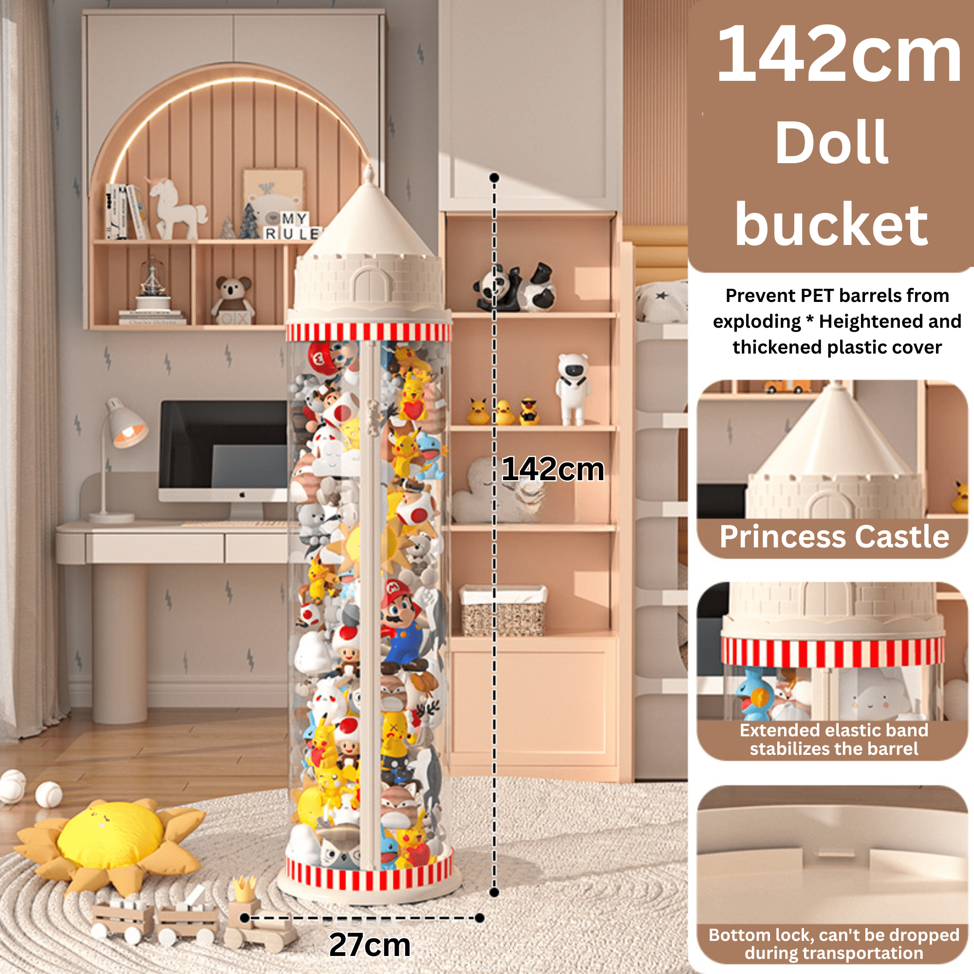 Multi-Purpose Plastic Princess Castle Doll Storage Bucket with Zipper (27cm)