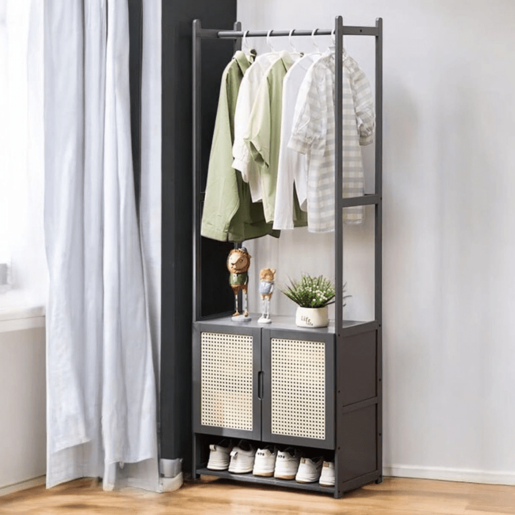 Multi-Purpose Bamboo Wood Clothing Rack Organizer with Shoe Rack (Black-62cm)