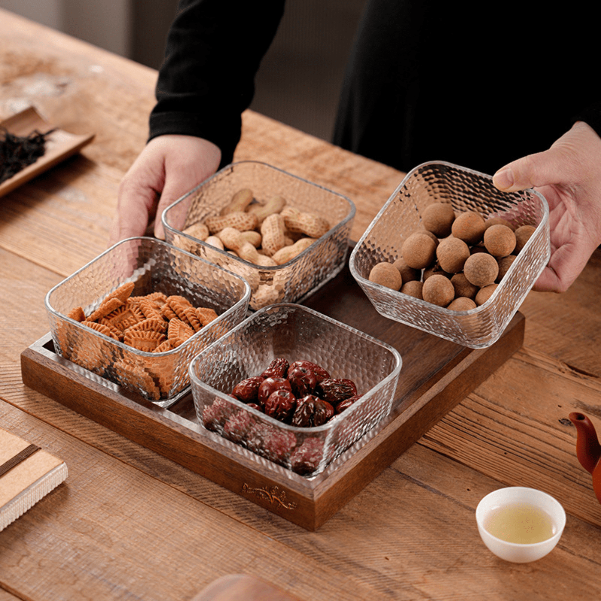 Multi-Compartment High-Borosilicate Glass Fruit and Nut Serving Tray Set