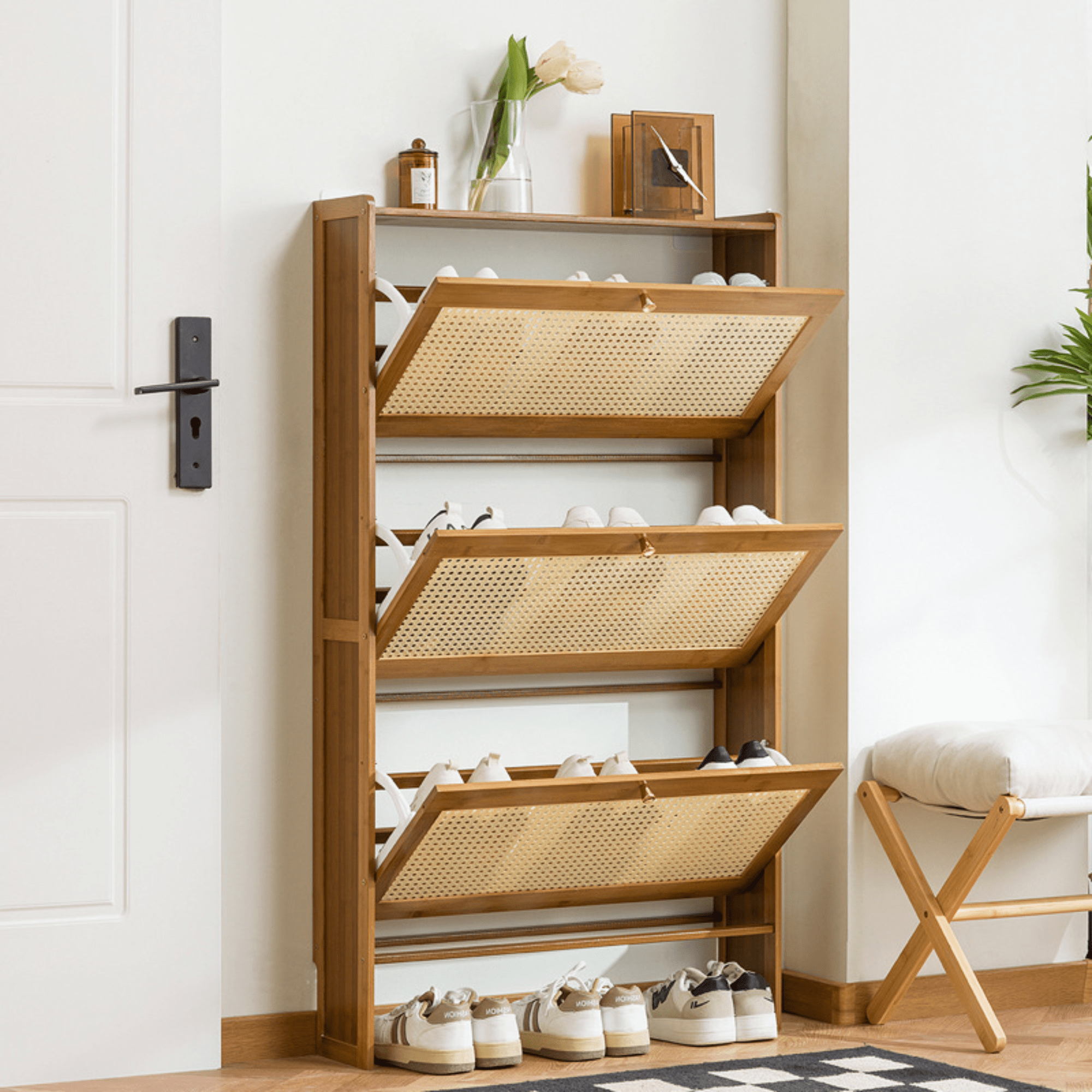 Multi-Layer Bamboo Wooden Shoe Organizer with Dustproof Doors (70cm)