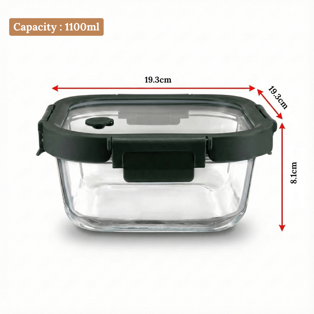 Square Borosilicate Glass Container with Vented Glass Lid (1100ML)