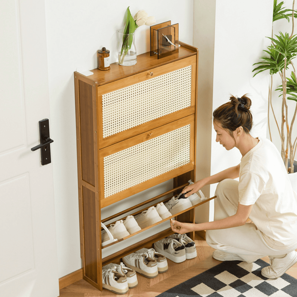 Multi-Layer Bamboo Wooden Shoe Organizer with Dustproof Doors (Brown-70cm)