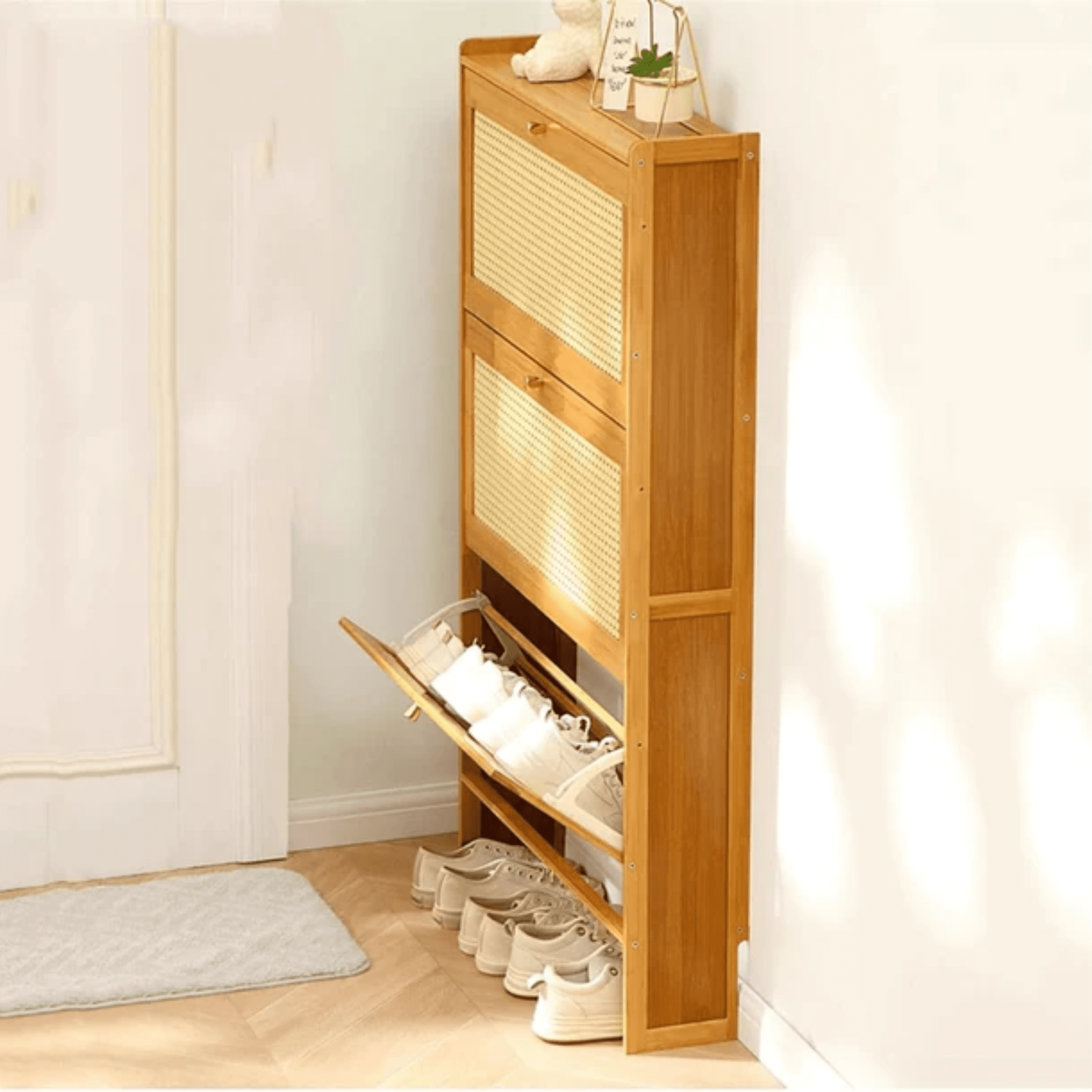 Multi-Layer Bamboo Wooden Shoe Organizer with Dustproof Doors (70cm)