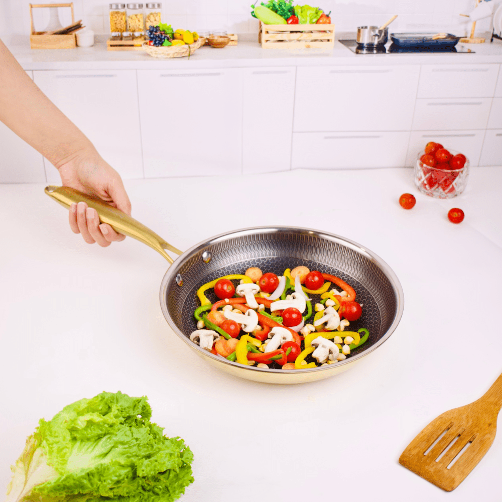 Multi-Purpose Stainless Steel Gold Honeycomb Frying Pan (24 cm)