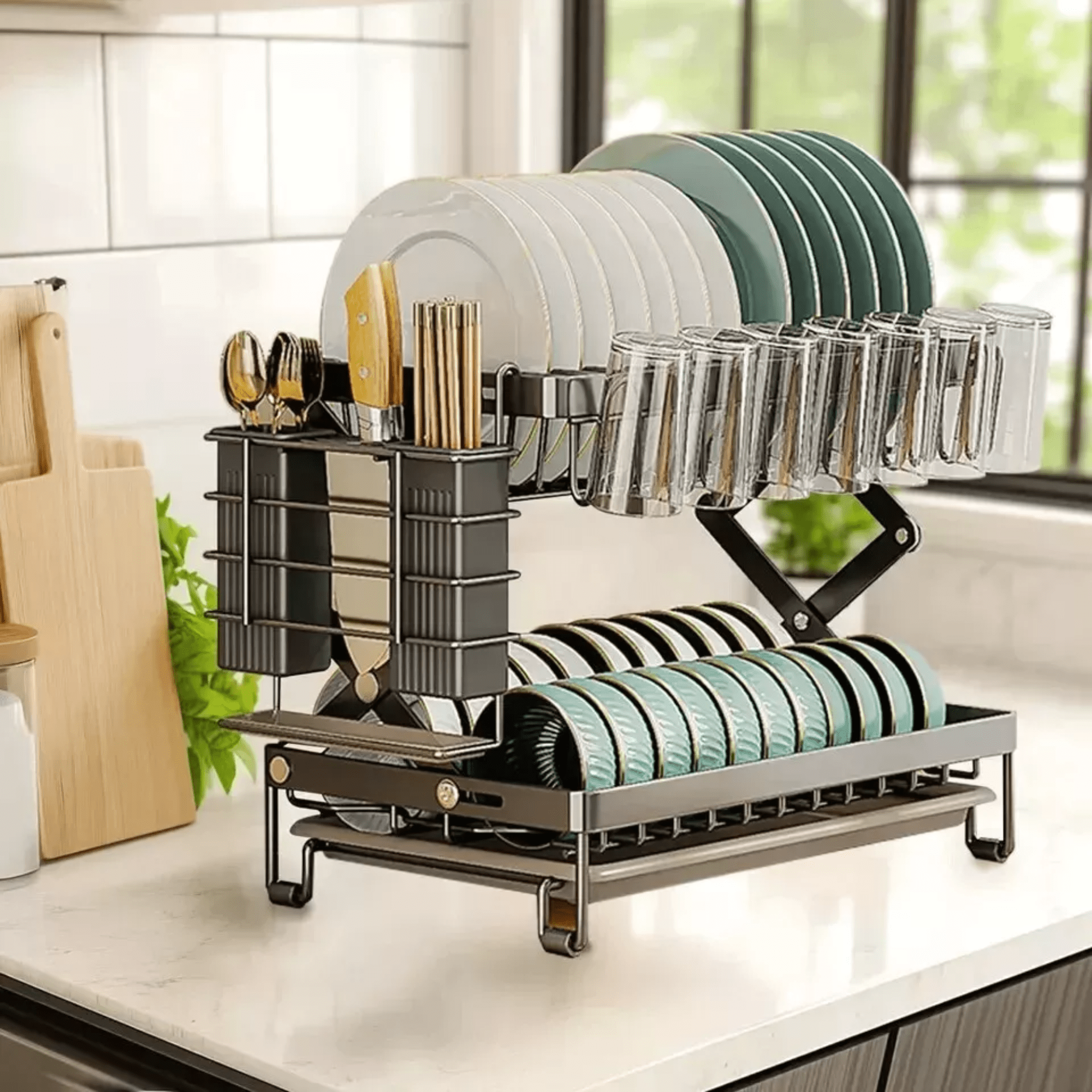 Multifunctional Foldable Carbon Steel Double-Layer Dish Drying Rack (40cm)