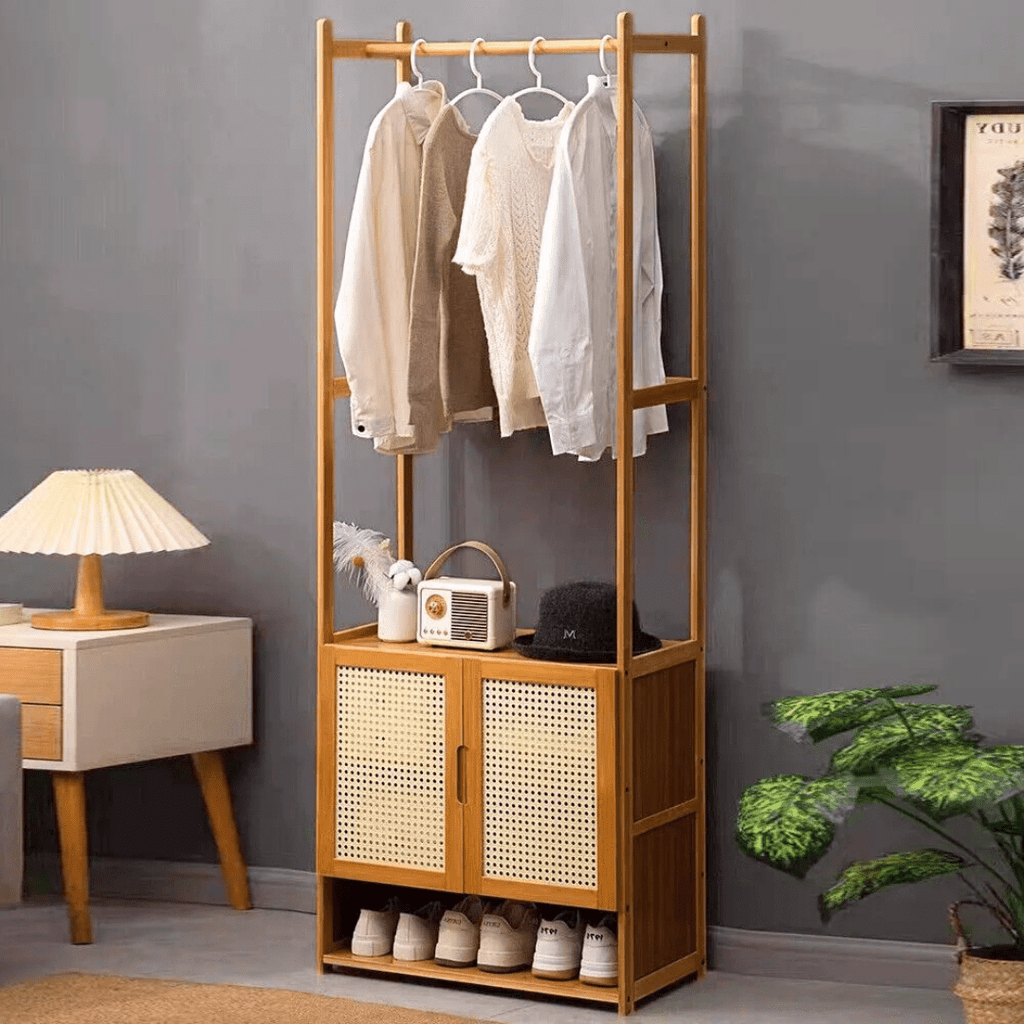 Multi-Purpose Bamboo Wood Clothing Rack Organizer with Shoe Rack (Brown-62cm)