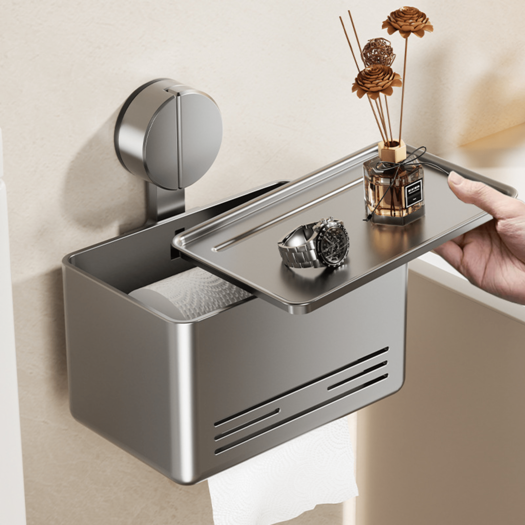 Wall-Mounted Suction Cup Toilet Tissue Box with Storage Shelf