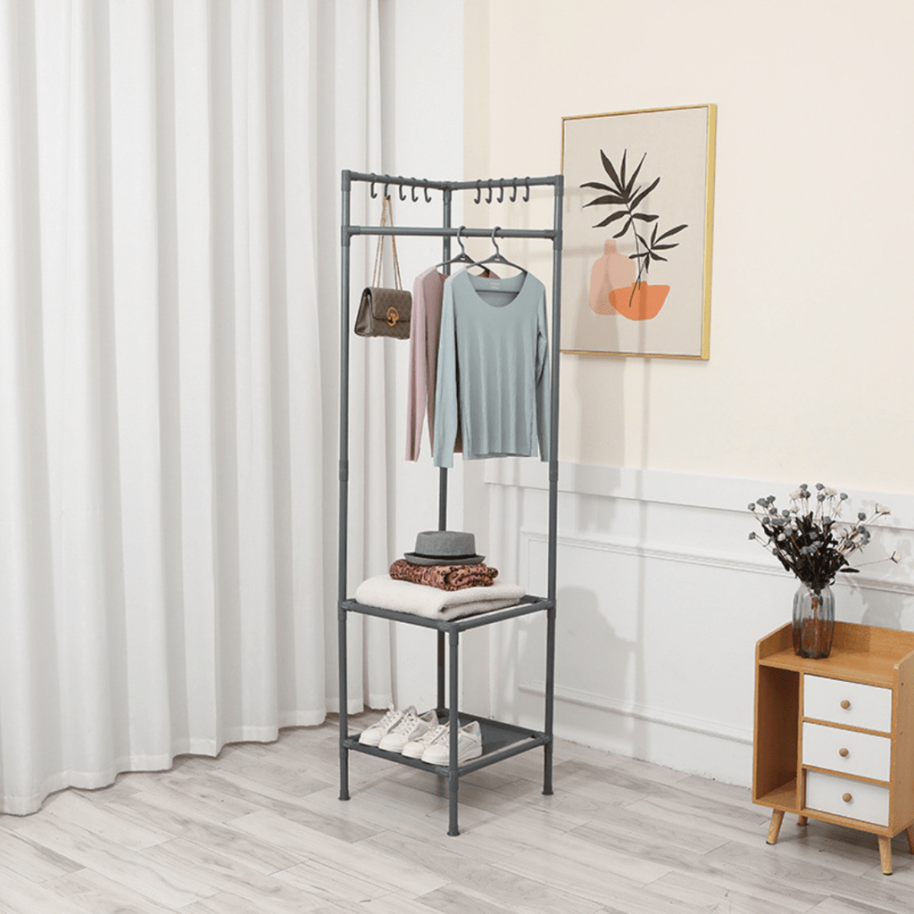 Multi-Functional Space Saving Corner Coat Rack with Shelf Storage