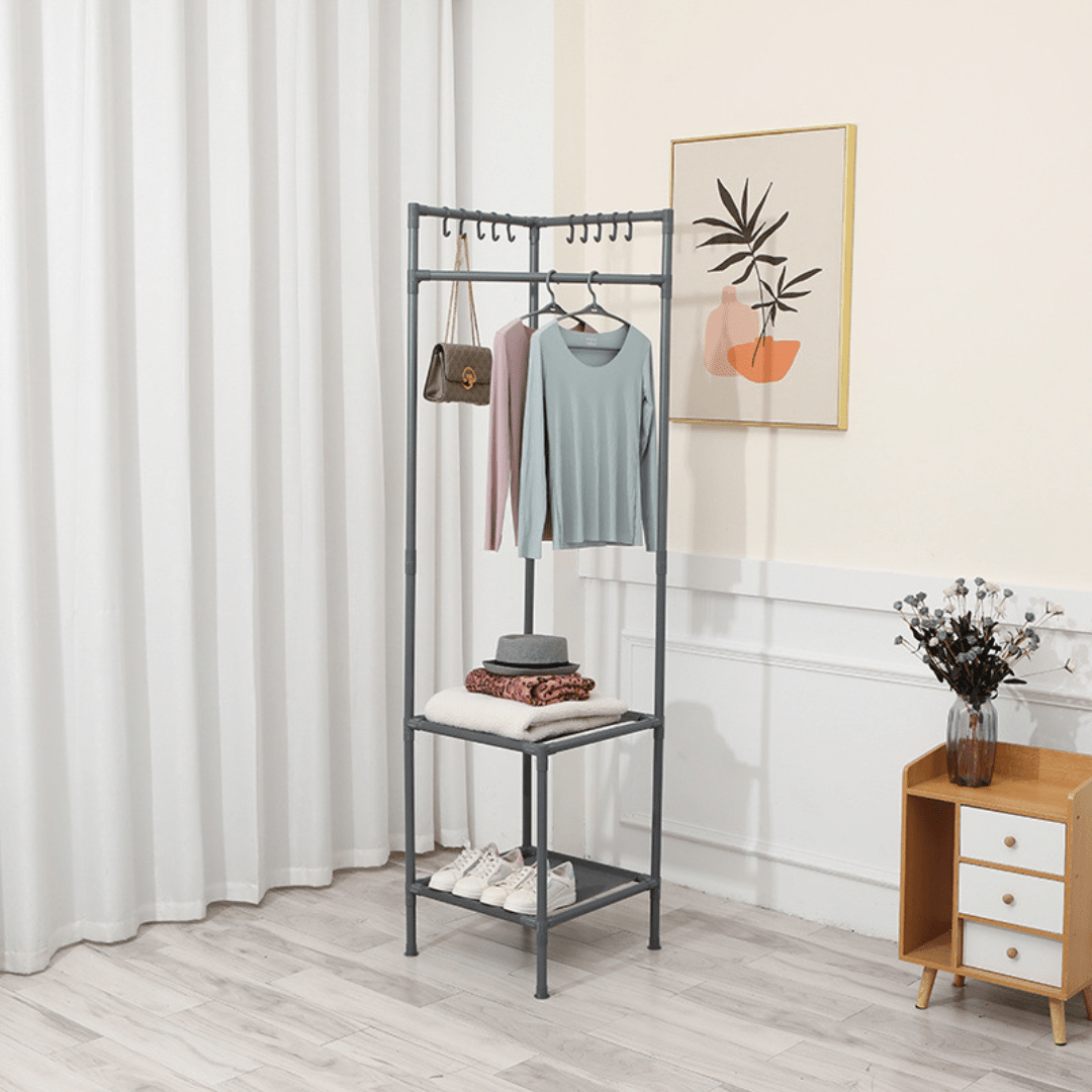 Multi-Functional Space Saving Corner Coat Rack with Shelf Storage