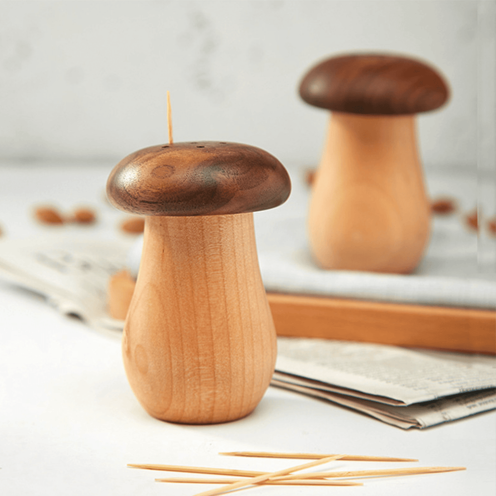 Natural Solid Wood Toothpick Case with Vintage Mushroom Top