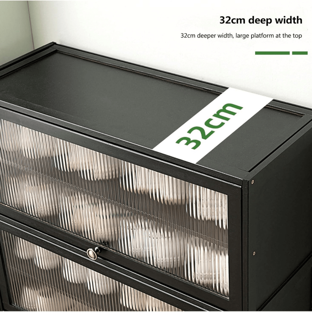 Multi-Tier Bamboo Shoe Rack with Transparent Flap Doors (Black-80cm)