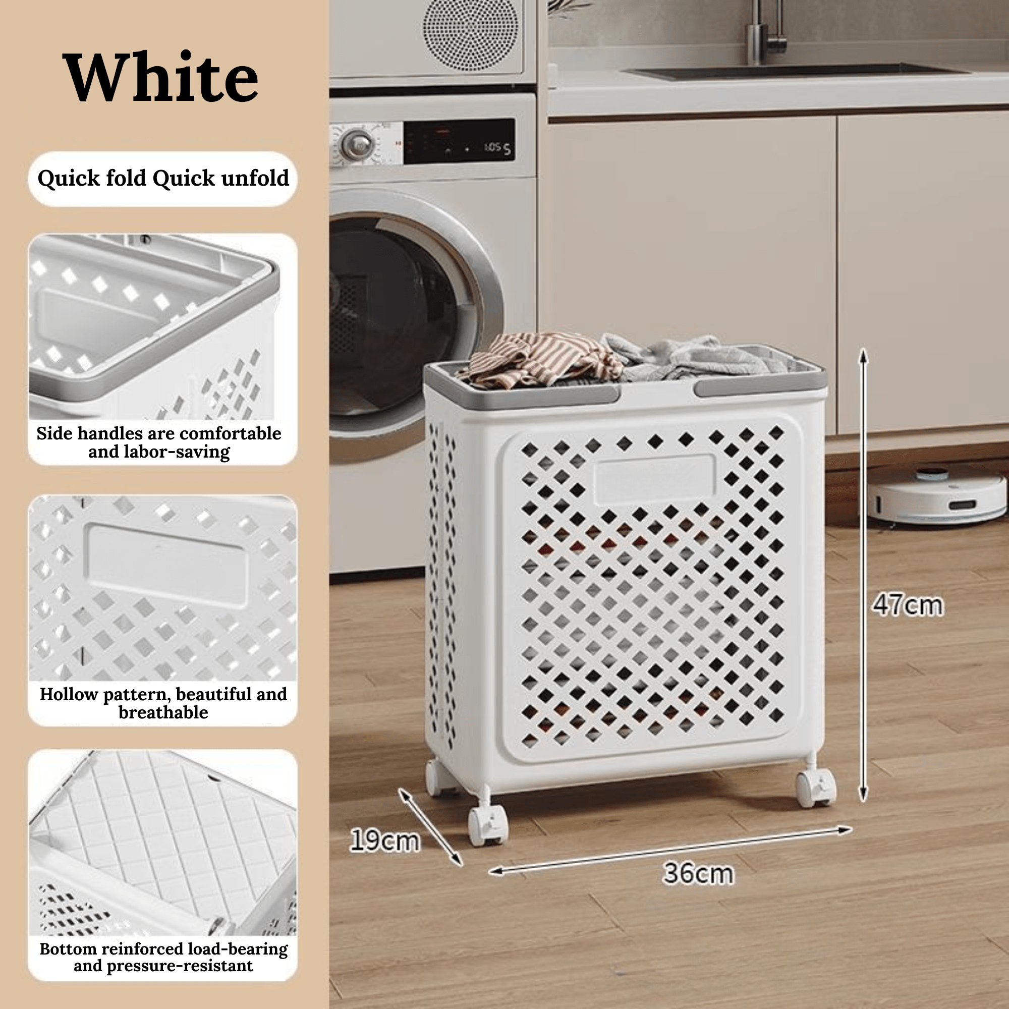 Multi-Purpose Plastic Foldable Laundry Basket with 360° Wheels
