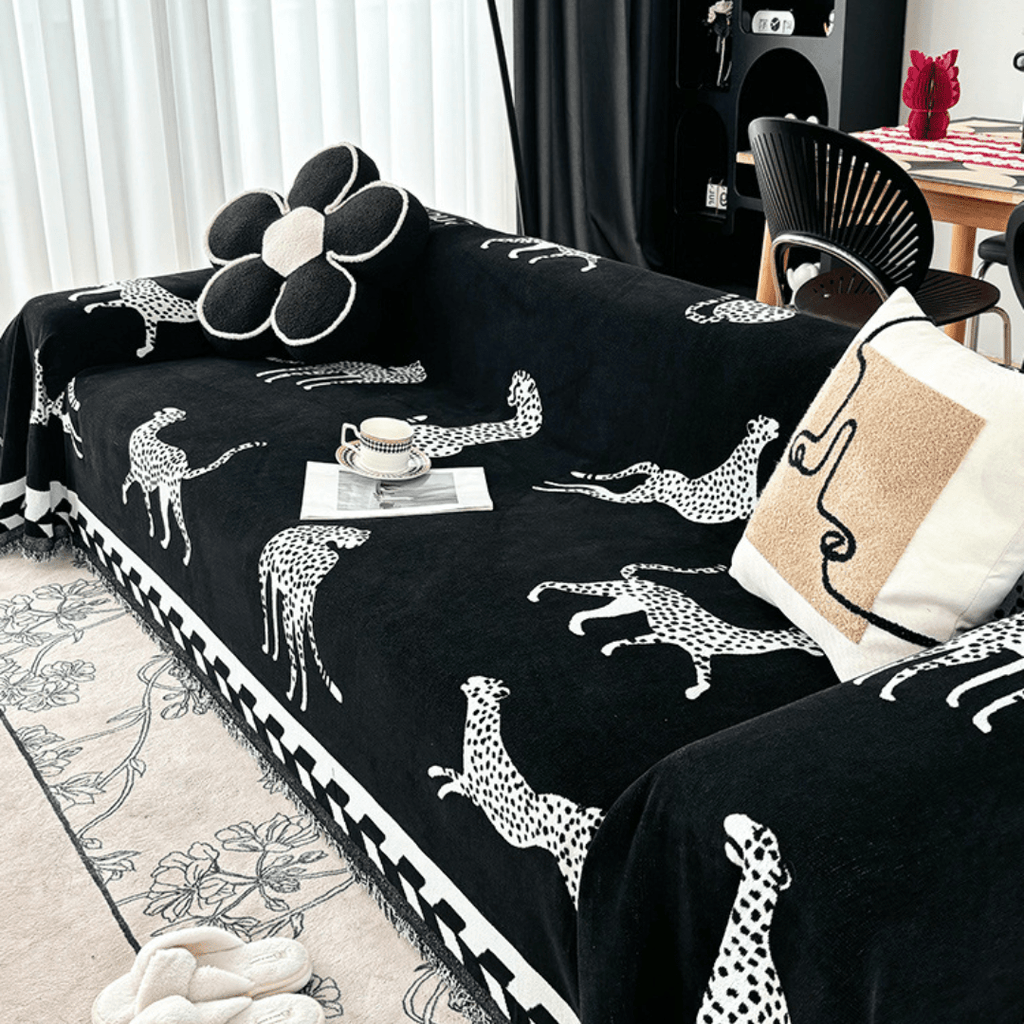 Leopard Print Black & White Elegance Chenille Sofa Cover