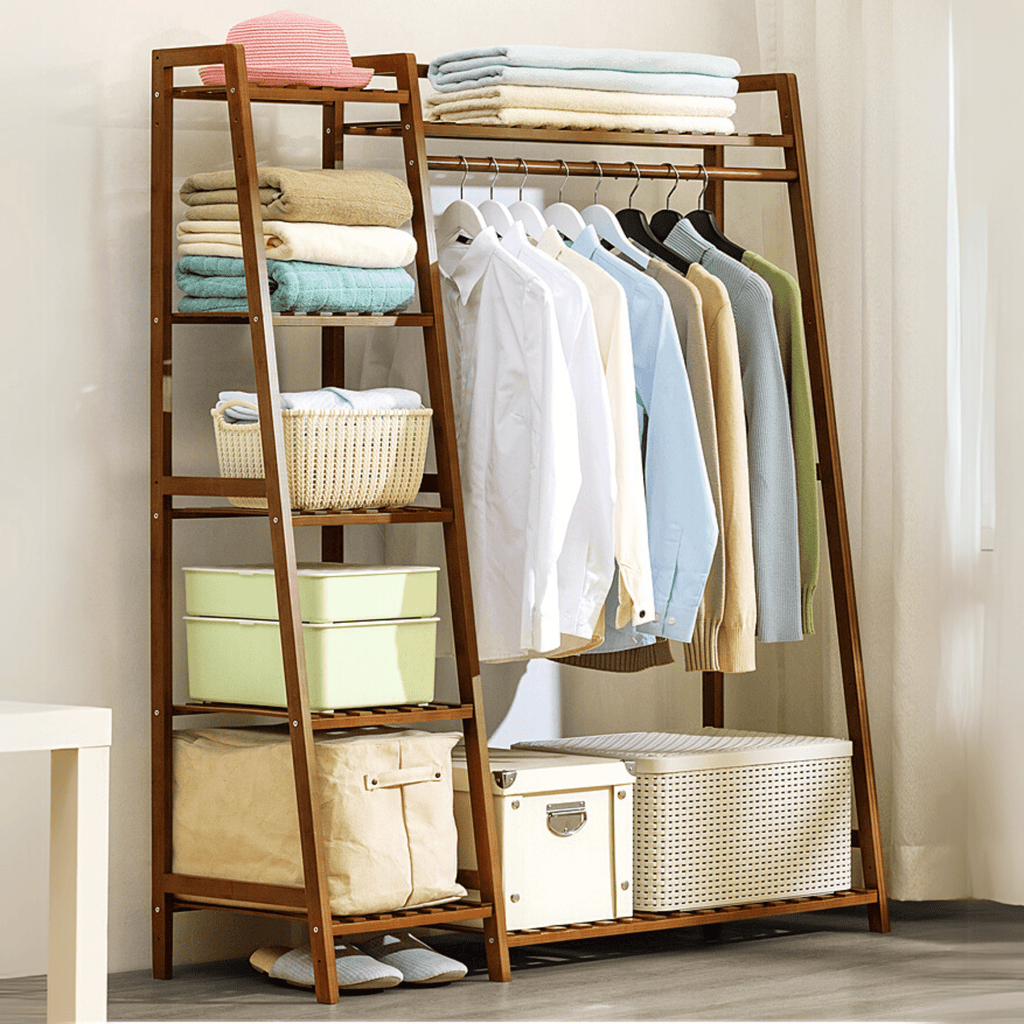 Multi-Functional Bamboo Clothing Rack with Shelves and Hanging Rod (110cm)