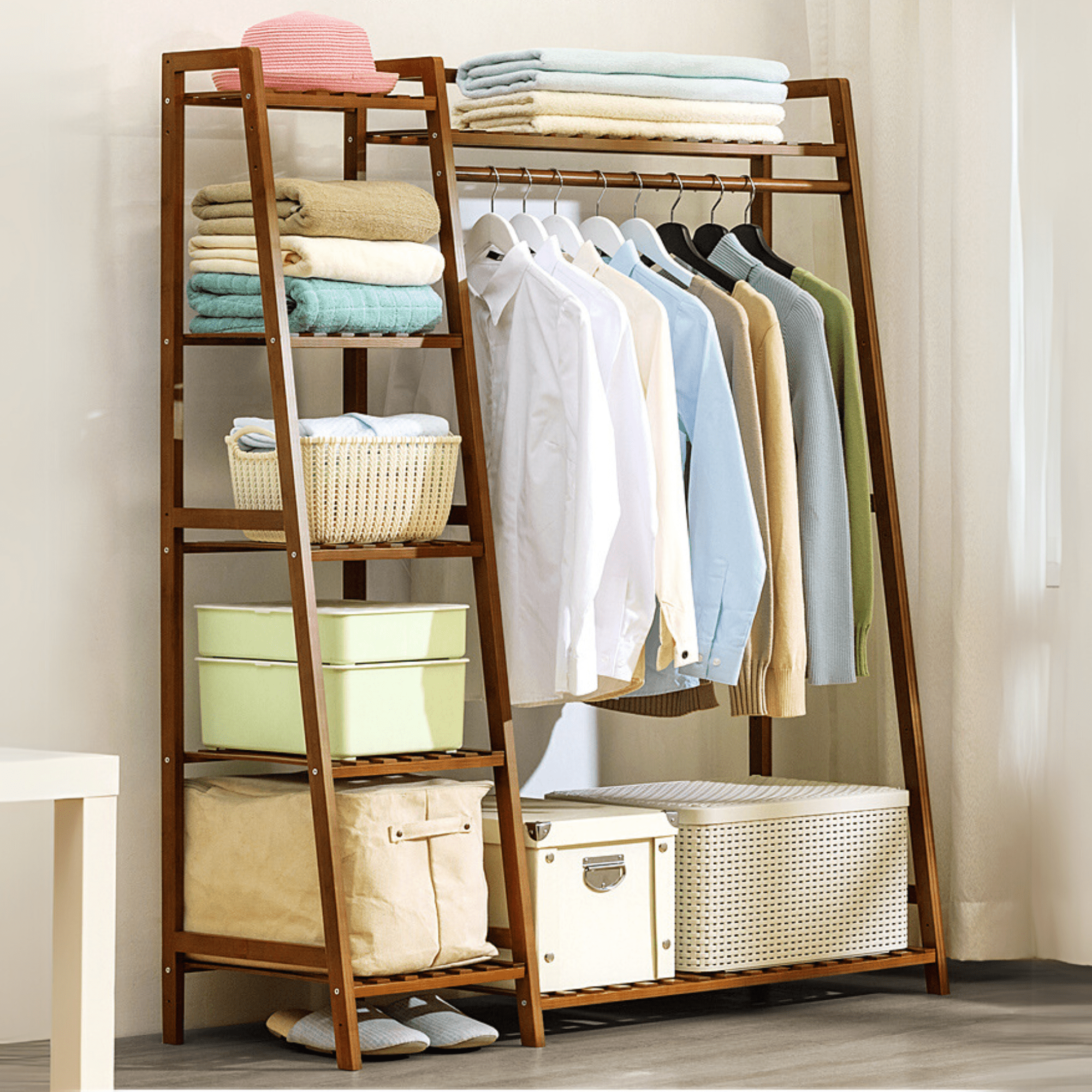 Multi-Functional Bamboo Clothing Rack with Shelves and Hanging Rod (110cm)
