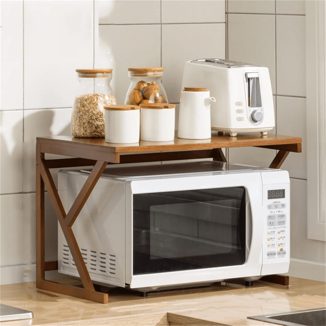 Multi-Tier Bamboo Microwave Oven Rack with Storage Hooks (53cm)