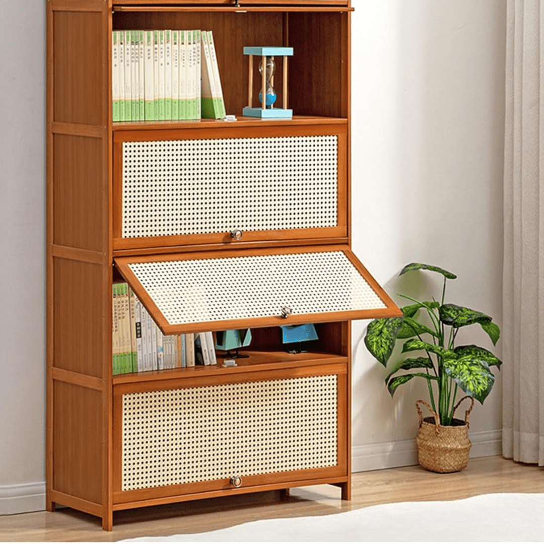 Multi-Tier Bamboo Wood Storage Shelf with Flip-Up Doors (80cm)