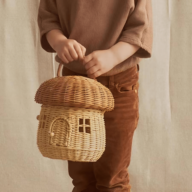 Multi-Purpose Rattan Woven Mushroom Storage Basket with Lid