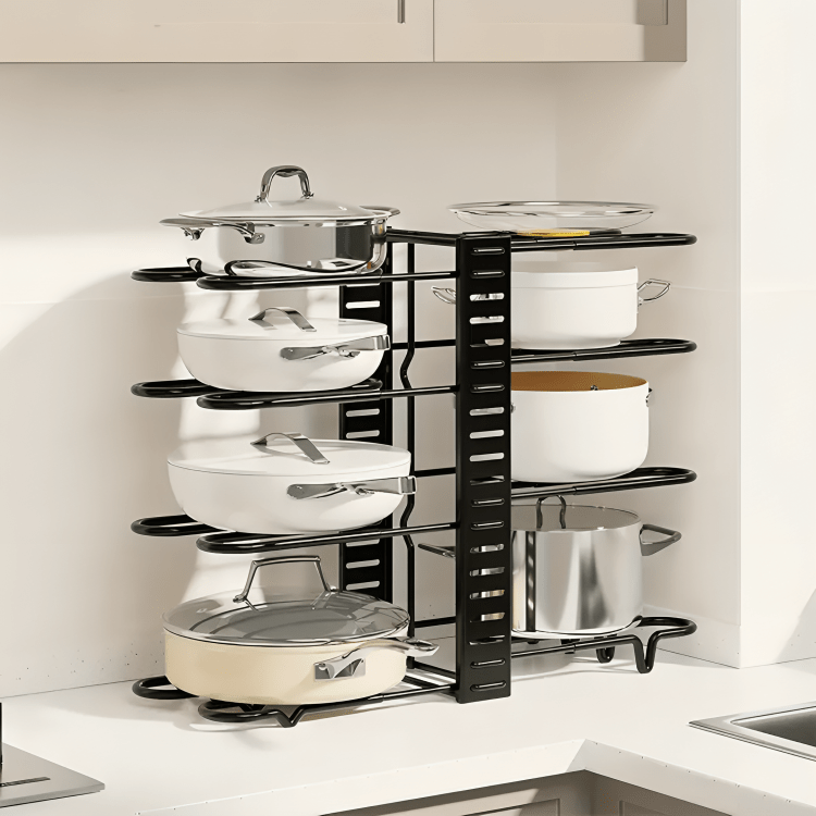 Premium Iron Cookware Organizer with 8 Adjustable Racks