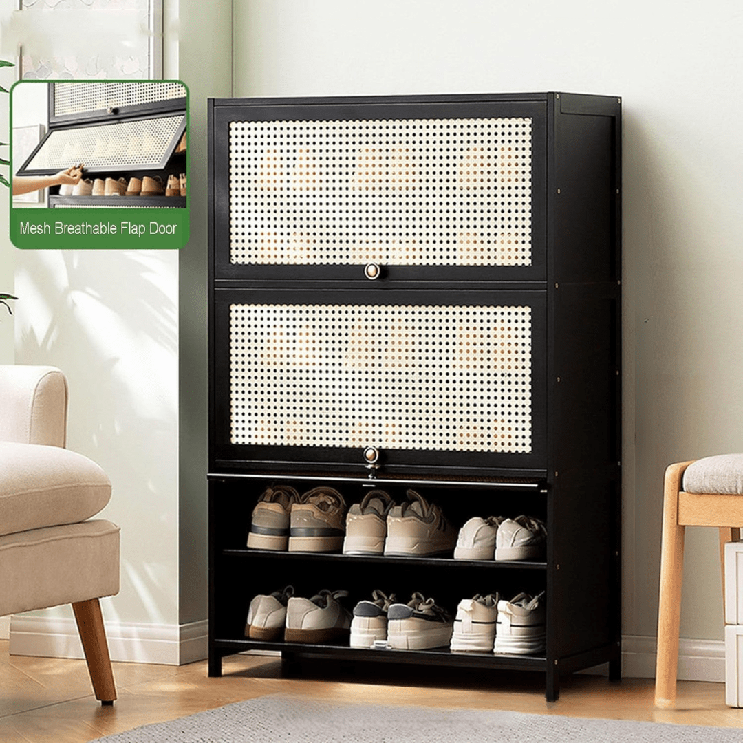 Multi-Tier Bamboo Wood Storage Shelf with Flip-Up Doors (Black-80cm)