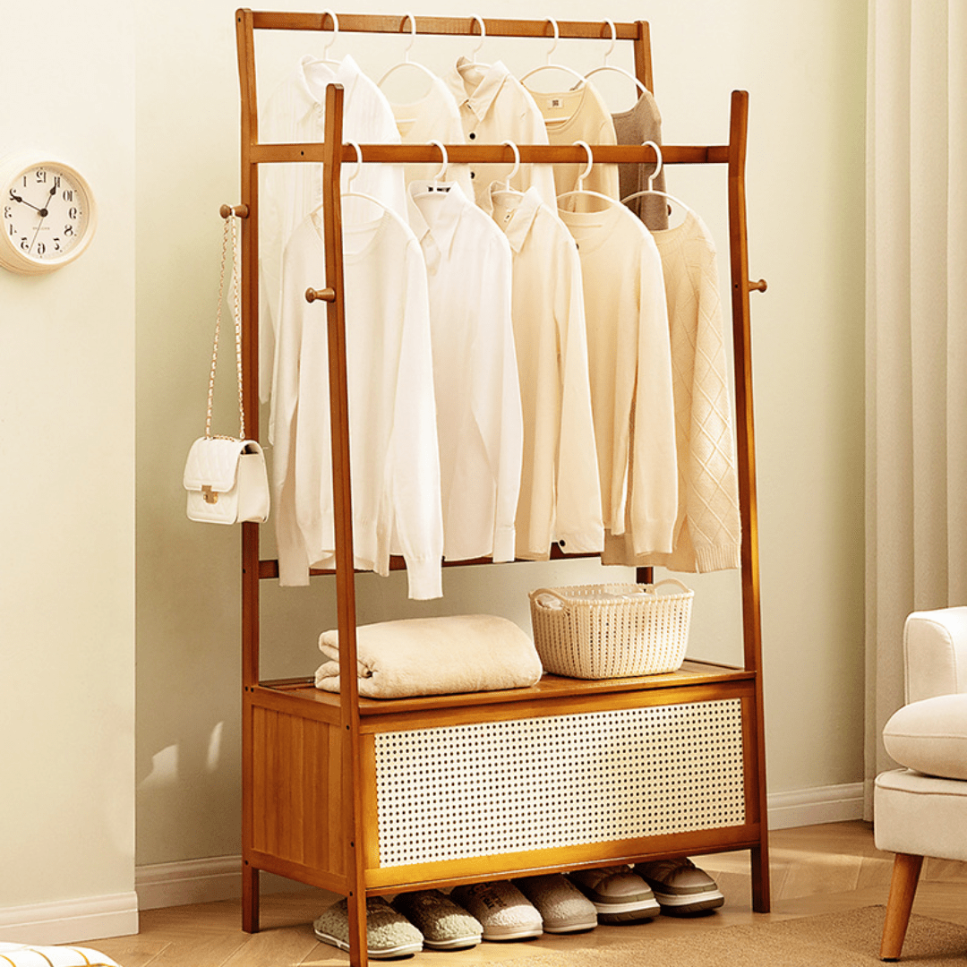 Multifunctional Double-Pole Bamboo Wood Storage Rack (90cm)