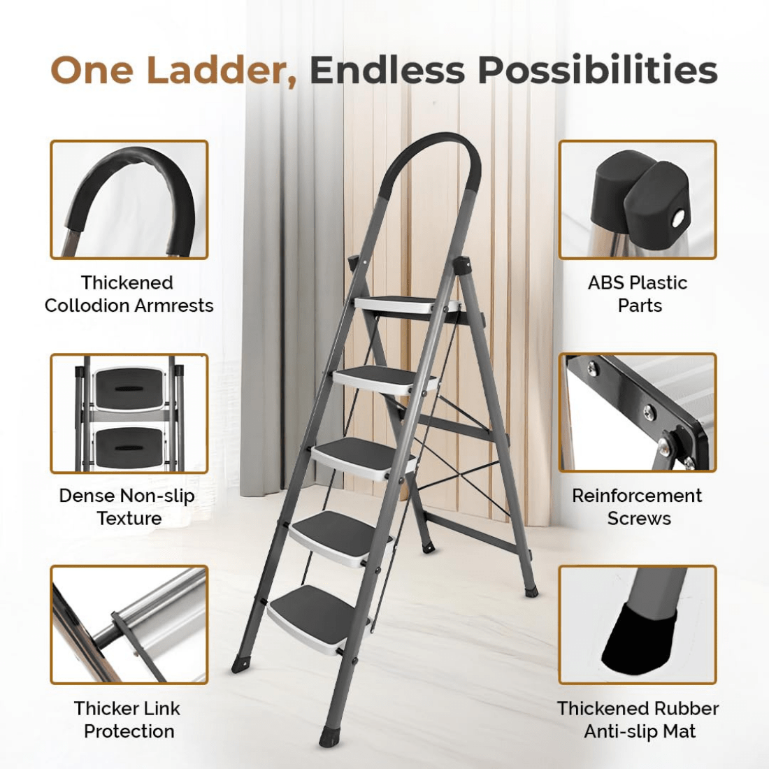 High-Strength Stainless Steel Five-Step Foldable Ladder
