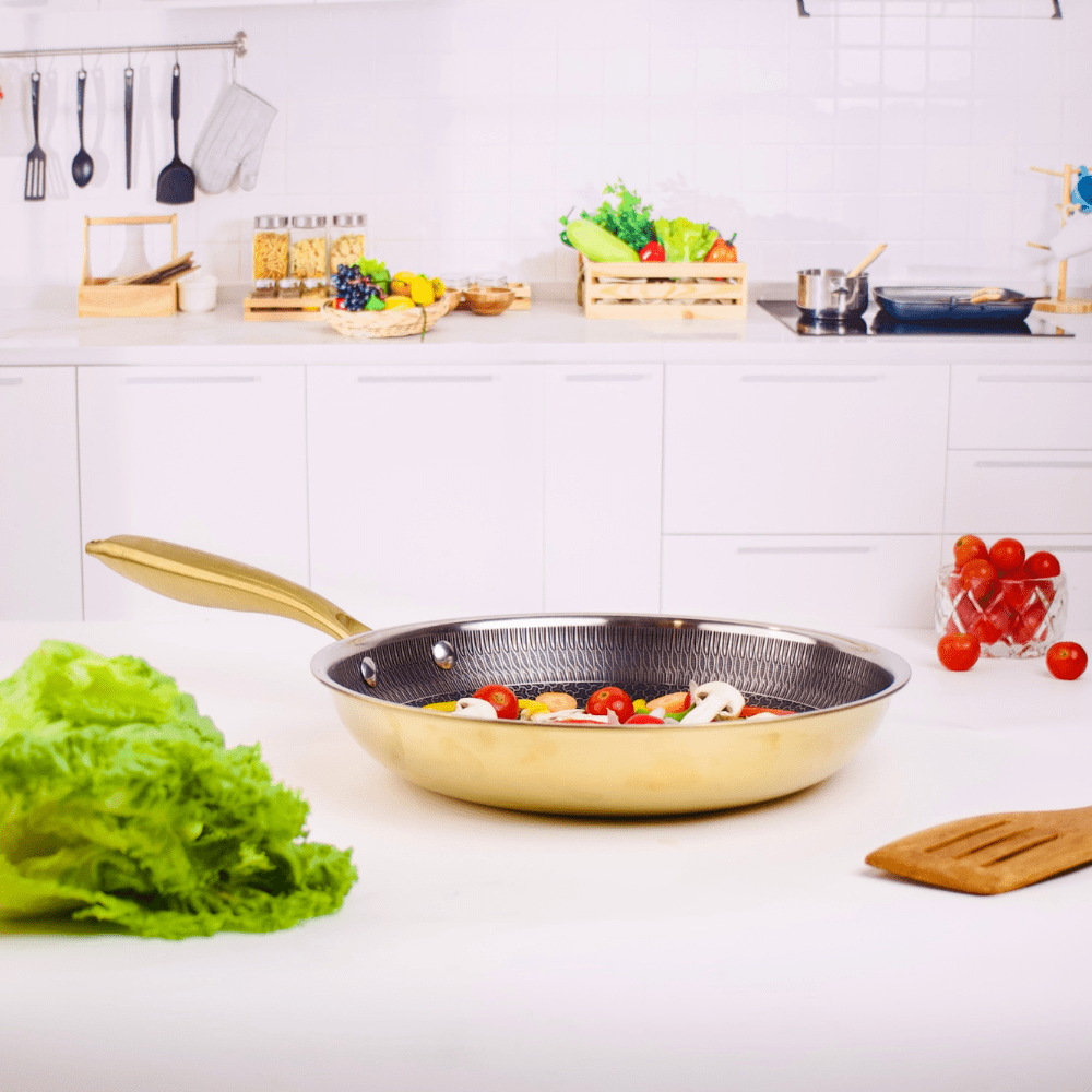 Multi-Purpose Stainless Steel Gold Honeycomb Frying Pan (24 cm)