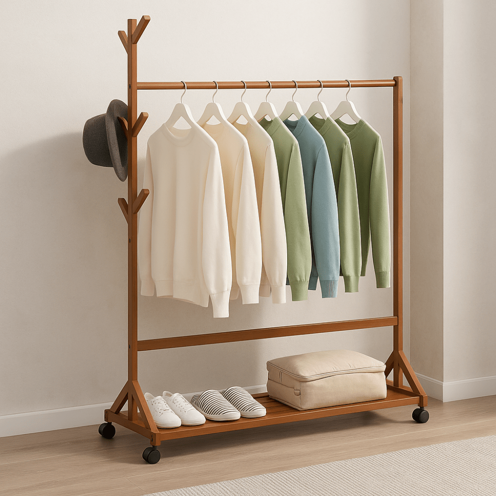 Multifunctional Bamboo Clothes Rack with Wheels and Shelf for Storage