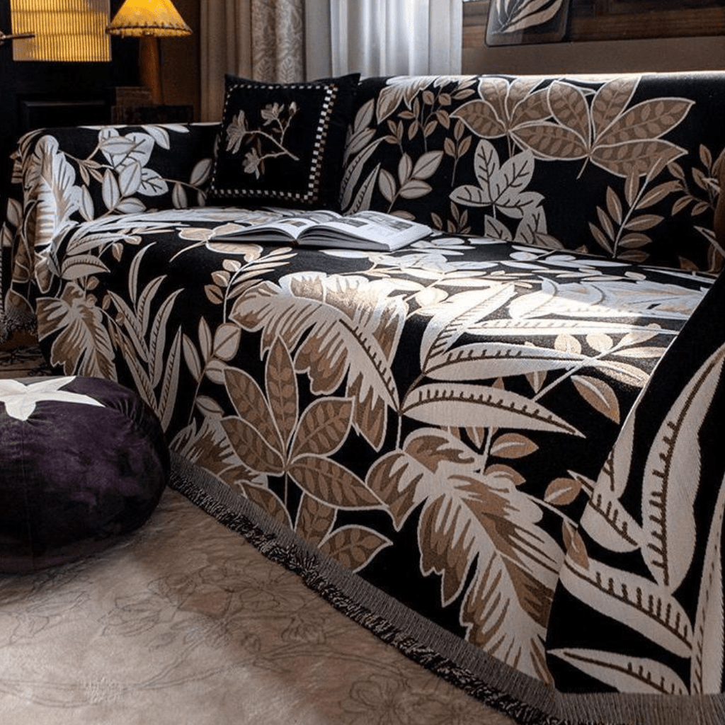 Leaf Print Beige Elegance Chenille Sofa Cover