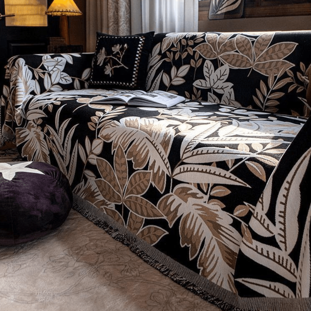 Leaf Print Beige Elegance Chenille Sofa Cover