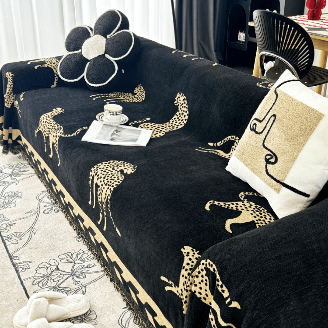 Leopard Print Black & Beige Elegance Chenille Sofa Cover