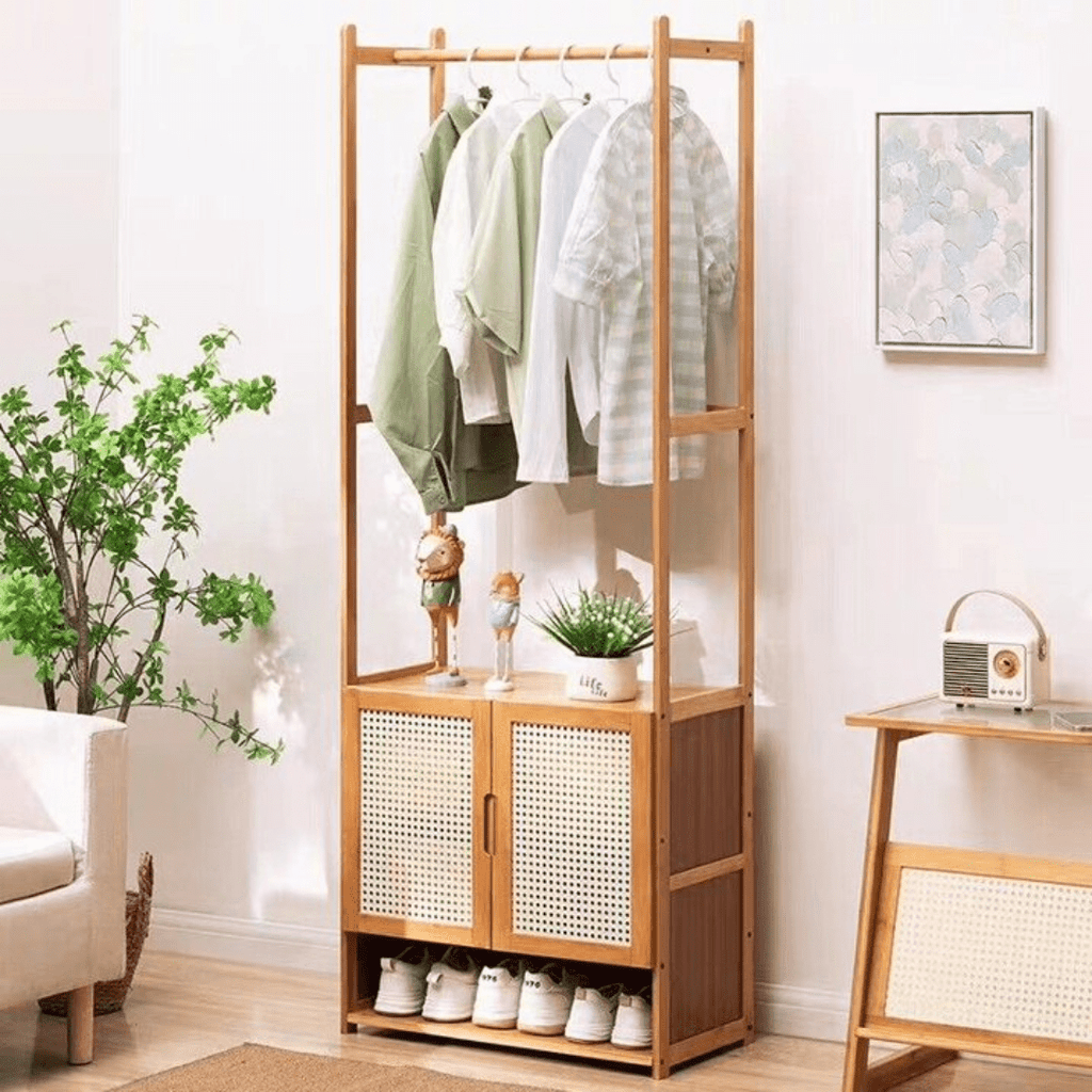 Multi-Purpose Bamboo Wood Clothing Rack Organizer with Shoe Rack (Brown-62cm)