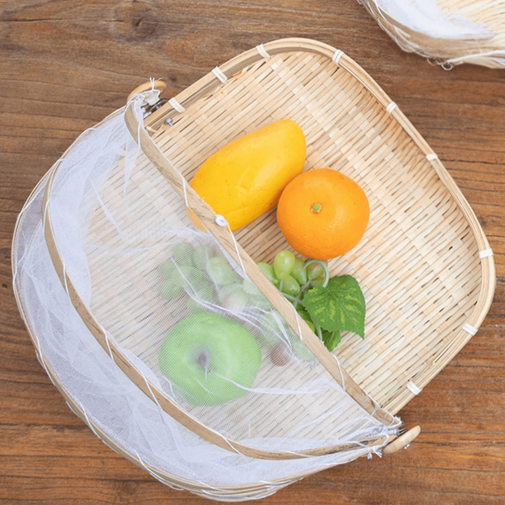 Multi-Purpose Handwoven Bamboo Basket with Mesh Food Cover