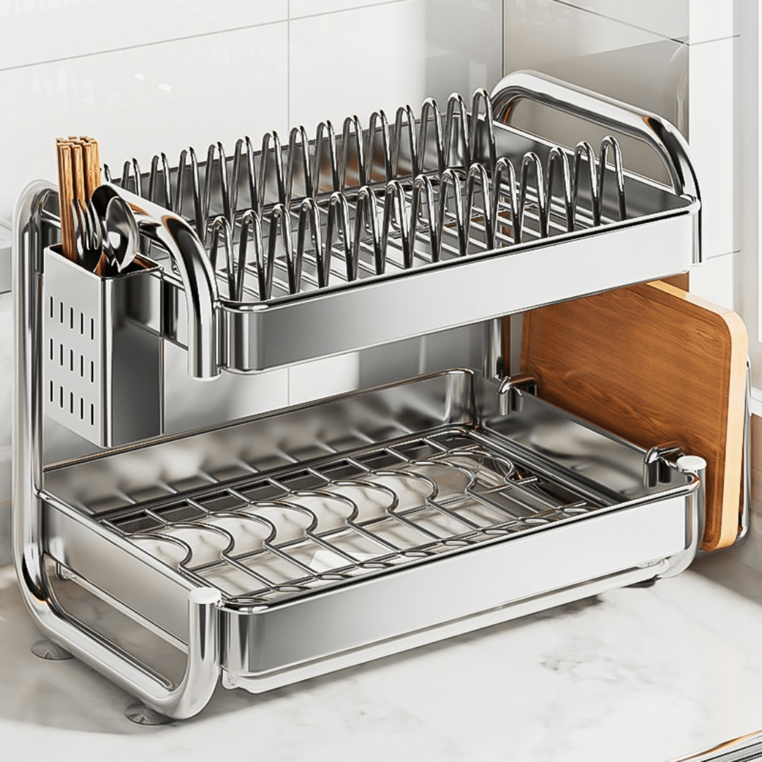 Multifunctional Stainless Steel Dish Rack with Cutlery and Cutting Board Holder(39cm)