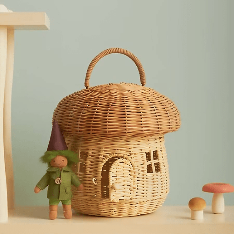 Multi-Purpose Rattan Woven Mushroom Storage Basket with Lid
