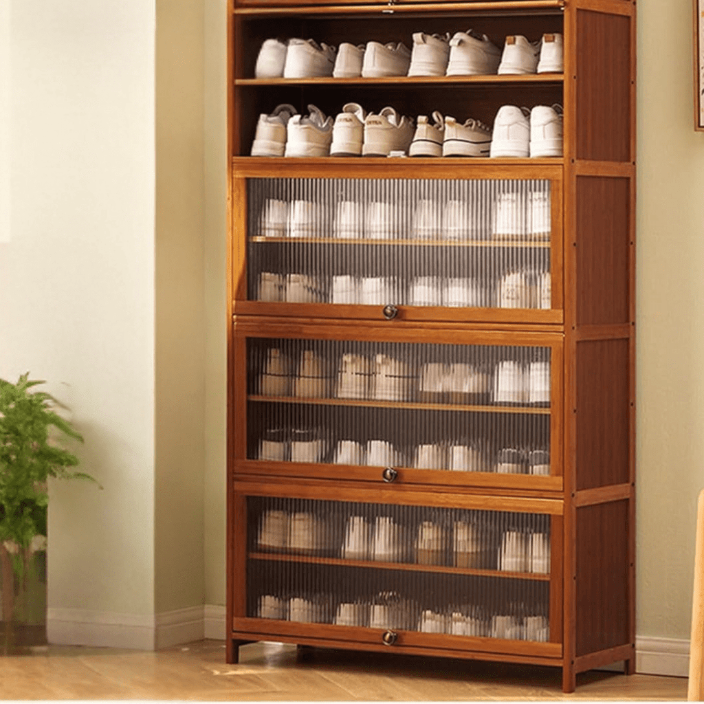Multi-Tier Bamboo Shoe Rack with Transparent Flap Doors (Brown-80cm)