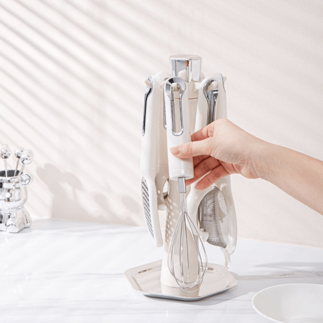 Multi-Functional 7-Piece Stainless Steel Kitchen Tools Set with Stand